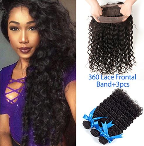 GEFINE Pre Plucked 9A Grade 360 Lace Frontal With Bundle Deep Wave Curly Brazilian Virgin Hair With Frontal Closure 360 Lace Frontal Closure With Bundles 4pcs/Lot Natural Hairline