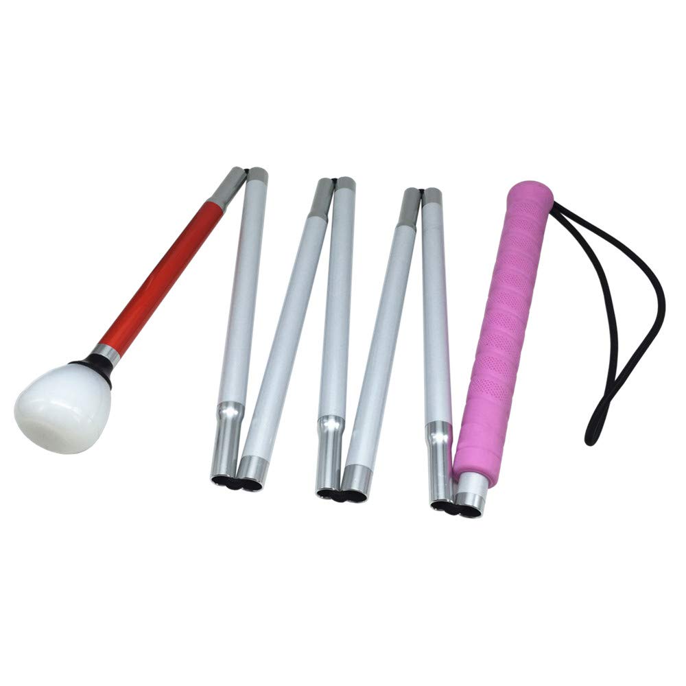 7-Section Aluminum Blind Cane,Reflective White and Red, Folding Walking Stick for Blind People (130cm (51.2 inch), Pink Handle)