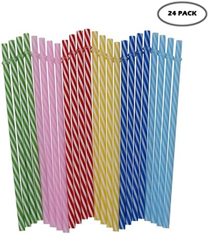Reusable Plastic Transparent Drinking Straw - Qntry 9inch Colorful Small Stripe Bar Straw and Cleaner Brush for Mason Jar, Family or Party Use (24Pack)