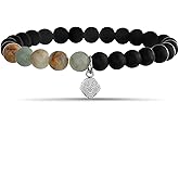 True Religion 8mm Black Bead 8 Inch Long Stretch Charm Bracelet for Men Stainless Steel