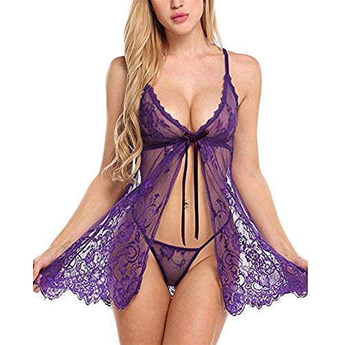 CofeeMO Women's Sexy Slim Lace Underwear, Perspective Soft Pajamas Suit,G-String & Camisole(Purple，XL) - Thumbnail 5