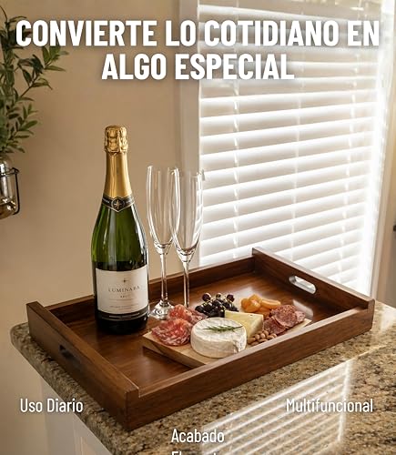 Charola de Servicio de Madera Parota 55x38x7 cm Bandeja Rectangular Grande para Desayuno en Cama Cocina Mesa Decorativa con Asas Integradas Color Nogal para Servir Alimentos Bebidas y Botanas Hogar XL