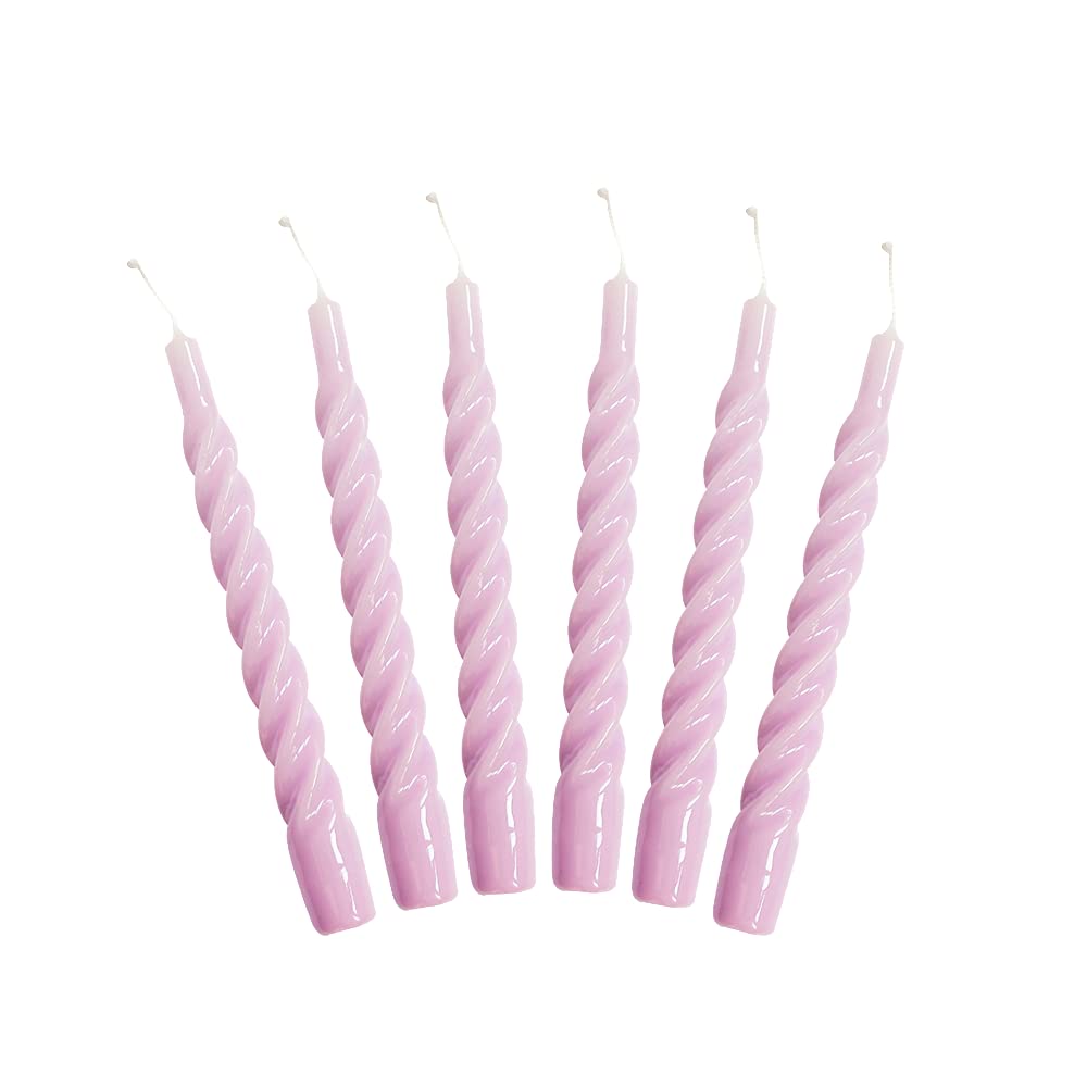 Candles with a Twist®, Made in Italy, 25 Colours Available, Dinner Candles, Twisted Candles Long Burning 5 Hours, Tapered Candles, Lacquered, Unscented Candle Gift Set, 6 pcs. 2.2 x 21cm (Lilac)