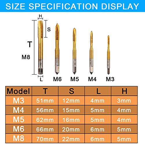 Hakkin 5-Piece Titanium Taps Drill Set Taps Die Set Hand Taps Set Machine Tap M3-M8 with Tool Holder Adjustable T-Handle Tap Cutter Wrench - Thumbnail 6