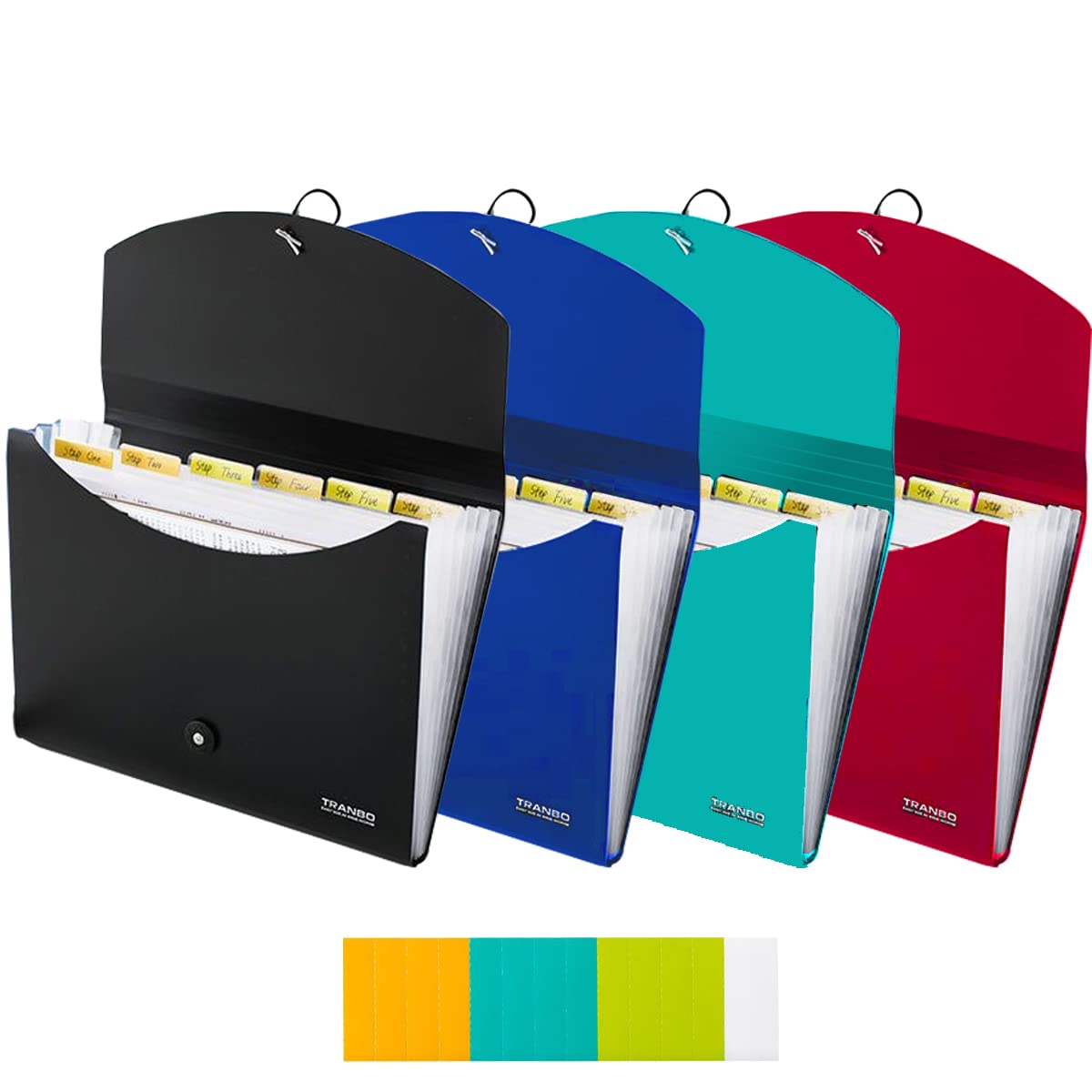 4 Pcs 7 Pockets Expanding File Folder,TRANBO Letter Size/A4 Accordion File Organiser, Elastic Cord Closure Expandable Document Wallet for Business Travel School Office Home - Assorted Colours