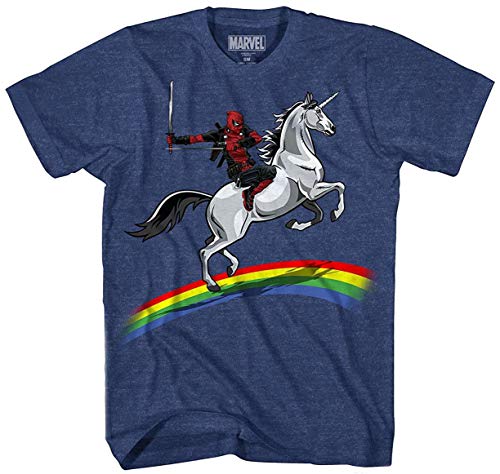 Marvel unisex adult Deadpool Riding a Unicorn on Rainbow T-shirt novelty t shirts, Navy Heather, Medium US at Amazon