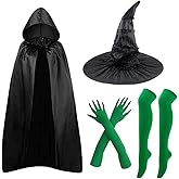 Halloween Witch Costume Set with Black Hooded Cape, Pointed Hat, Green Nails Gloves and Stockings, Adult Women