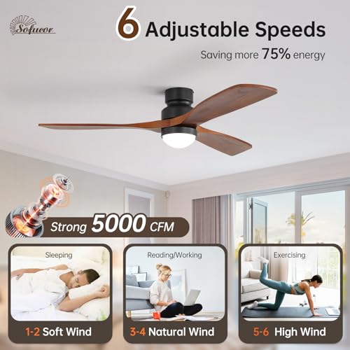 Sofucor 132cm Ventilador de Techo con Luz, Madera maciza Ventilador de Techo con Mando a Distancia, DC, 3 Temperaturas de Color, Temporizador, 6 Velocidades, Modo Verano Invierno para Salones