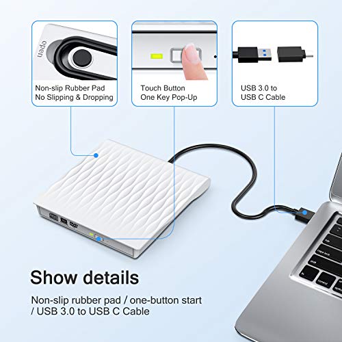 External CD DVD Drive, DUSASA USB 3.0 USB C Dual Port Slim Portable External CD DVD Rewriter Burner Writer,High Speed Data Transfer USB Optical Drives for Laptop/Macbook/Desktop/Win10/8/7 (White) - Thumbnail 5