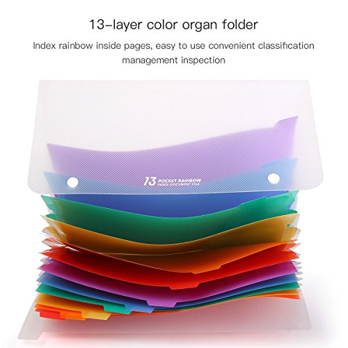 HJSMing 13 Pockets Portable File Folders/Rainbow Folder Organizer/Expandable Plastic Folders/A4 Letter Size File Organizer with Buttons-for School Office Supplies
