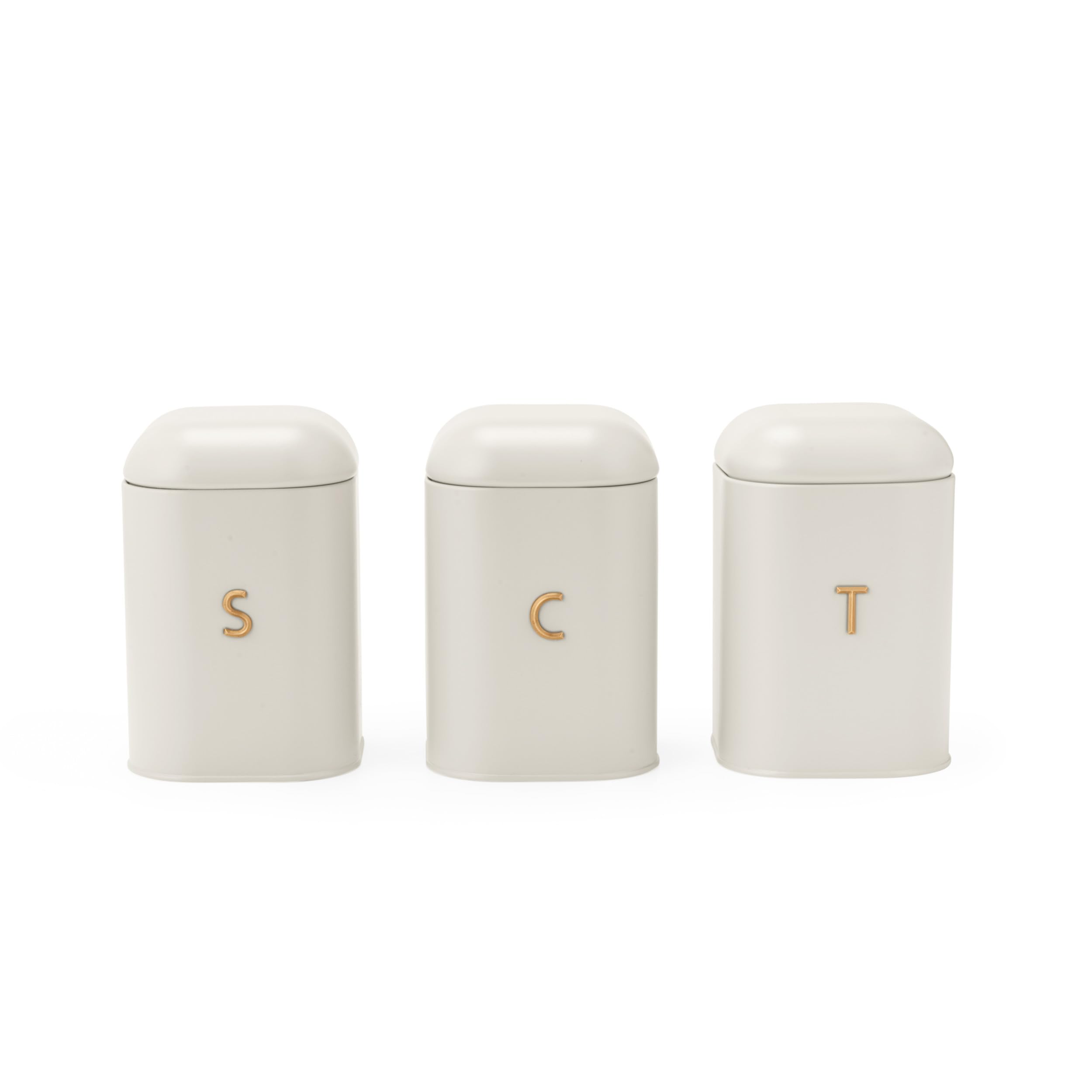 Salter Pebble Canister Set - 3 Piece Countertop Set, Tea Coffee Sugar Storage Tins, Brass Effect Lettering, Kitchen Worktop Containers for Dry Goods, Powder Coated Carbon Steel Caddies, Stone