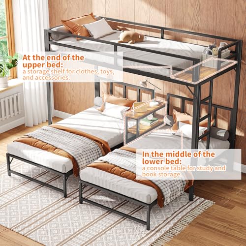 Simple Wisdom Literas de 3 Camas,Literas Individuales Tiene Tres Base Cama Individual,Litera Triple con Mesa,Equipado con Barandillas y Escaleras,La Base Metal es Resistente y Estable (Color Retro)