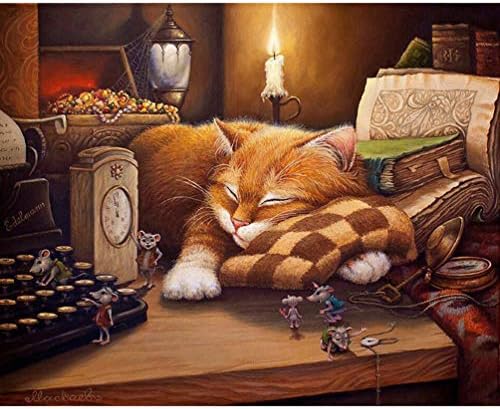 Wincy Shop Paint by Numbers for Adults Cat Animals Diy Painting Kit Modern Wall Art Picture (Wooden Framed with Gift Package, Sleeping Cat)