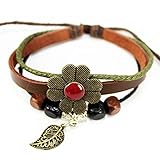 Real Spark Red Lucky Flower Leaf Pendant Wood Cube Beaded Adjustable Length Wrap Bracelet
