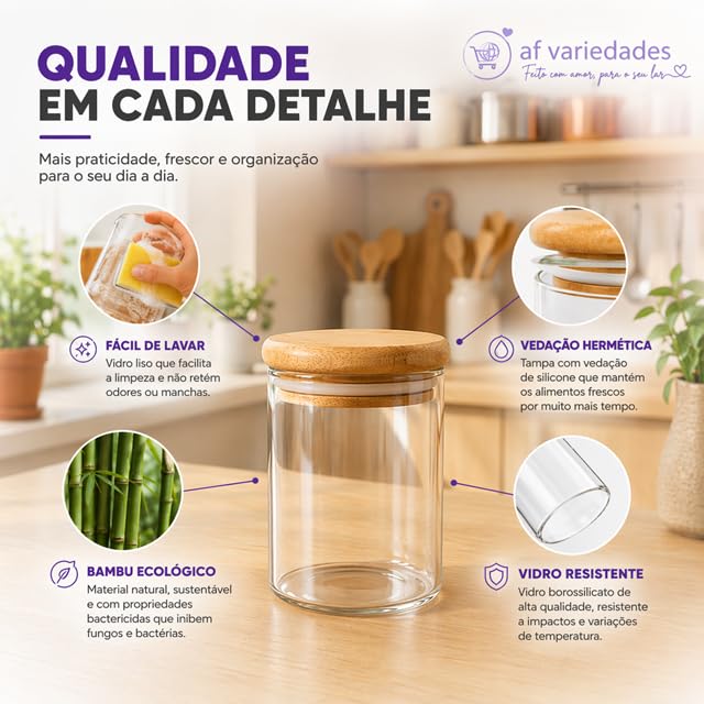Kit 10 Potes Herméticos de Vidro 250 ml com Tampa de Bambu Redondo | Conjunto de Porta Mantimentos | Organizador de Cozinha com Vedação de Silicone para Temperos, Grãos, Café, Açúcar e Alimentos