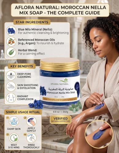 Moroccan Nila Mix Soap, 250g, Blue Indigo and Herbal Formula, Deep Cleansing, Skin Brightening, Smoothing, for Face and Body