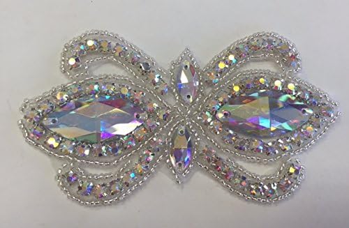ModaTrimsHot-Fix or Sew-On Beaded Crystal Rhinestone Applique (AB Crystals, Silver Beads, Silver Cups, 4 x 2 Inch) - RHS-APL-1504-AB