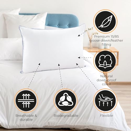 Goose House™ Set of 2 Natural Goose Feather 85% and Down 15% Pillows for sleeping 100% cotton fabric cover. Pillows for sleeping set of 2 Standard size 20 x 26in