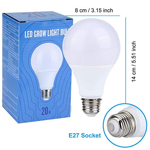 LED Grow Light Bulb, Full Spectrum Growing Lights for Indoor Plants, 20W E27 LED Plant Light Bulbs for Hydroponic Succulent Herbs Vegetable Flower Seed, Seedling, Indoor Gardening Greenhouse Grow Lamp