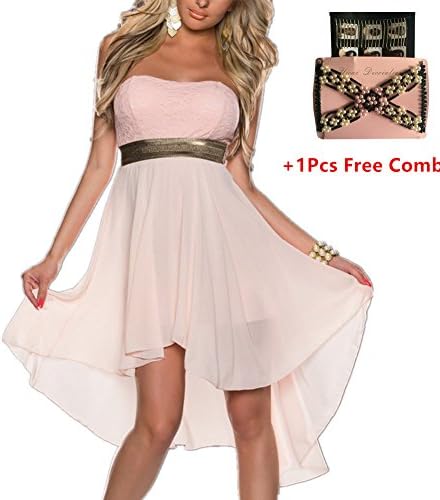 Women's Irregular Hem Strapless Chiffon Dress Cocktail Party Gown (M, Pink)