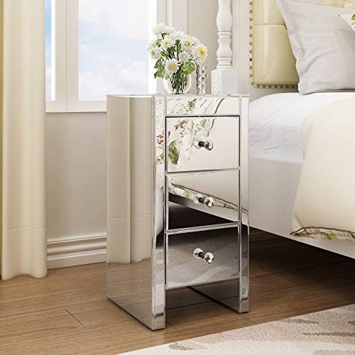 JAXPETY Mirrored Nightstand with 3 Drawer, Beside End Tables Accent