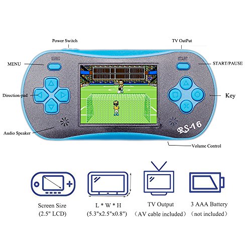 JJFUN RS-16 Handheld Game Console for Kids, 2.5" 12-Bit LCD Portable Video Games Device, Pocket Handhold Game Player with 260 Interesting Games â€“Blue