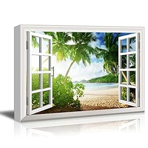 Window Frame Style Wall Art - Sunset on The Tropical Beach with Palm Trees | Giclee Print Gallery Wrap Modern Home Decor. Stretched & Ready to Hang - 24" x 36"