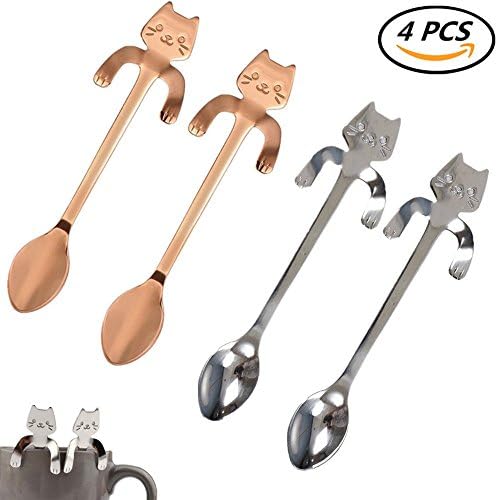 JETTINGBUY 4 Pcs Stainless Steel Coffee Spoon Mini Cat Kitty, Tea Soup Sugar Dessert Appetizer Seasoning Bistro Spoon, Hanging Cup Spoon Kitchen Gadget 2 ROSEGOLD and 2 SILVER