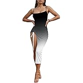 Nimsruc Womens Sexy Summer Dresses Spaghetti Strap Thigh-high Slit Ruched Bodycon Maxi Club Cocktail Party Dress