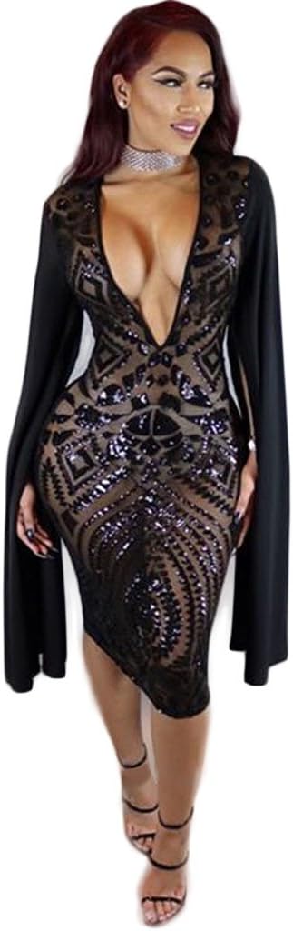 Star Han False Long Sleeve Deep V-Neck Sequins Club Dress