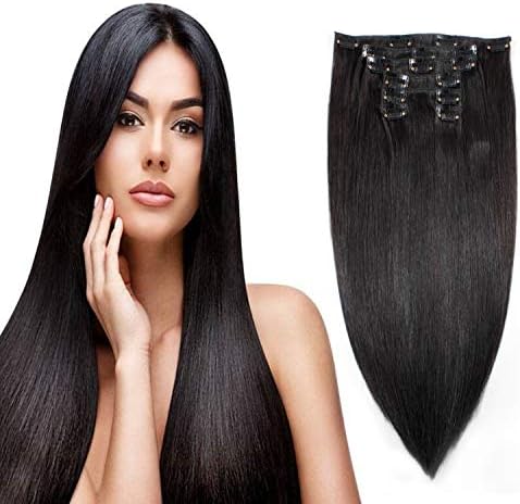 Uya hair Brazilian Clip In Hair Extensions Human Straight Hair Double Weft 8A Grade Remy Human Hair Clip on 16Inches 7Pieces/Lot 100g 16Clips (16"-100g,Natural Black #1B)