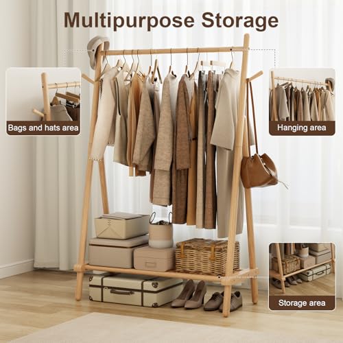 AQIMUELE Wooden Clothes Hanger, Clothes Stand, 46 x 100 x 155 cm, Heavy Duty Easy to Assemble Coat Stand with Shoe Stand (Natural)