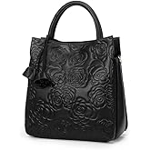 Genuine leather cowhide women's handbag rose camellia embossed large capacity detachable shoulder strap storage tote bag