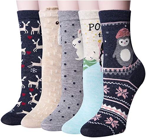 Pack of 5 Women Girls Fun Cats Cartoon Sweet Animal Pattern Cotton Crew Floor Socks