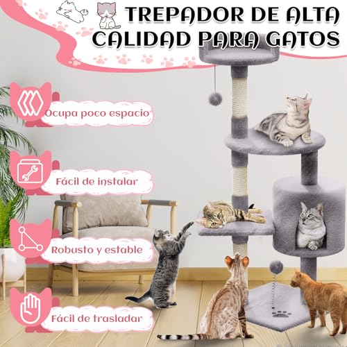 KongJies Torre para Gatos, Árbol para Gatos con Poste Rascador, 4 Niveles Castillo para Gato con 3 Plataforma Acolchada y Pompón, para Gatos Pequeños Medios (Gris Claro)