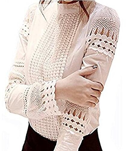 Smile Fish Women Hollow Out Back Zipper Lace Long Sleeve Elagent Blouse(4L)