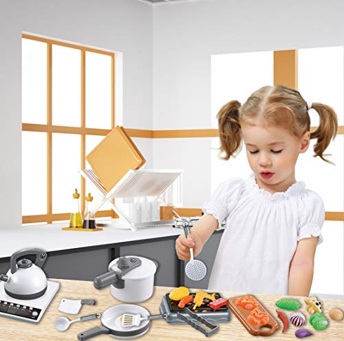 QUQUMA 52PCS Kitchen Play Toys, Pretend Play Cookware Set with Pots and Pans, BBQ Toy, Cutting Vegetables, Play Food and Cooking Utensil for Kids 3+ Year Old