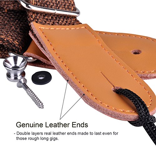 Rinastore Ukulele Strap Country Style Soft Cotton Linen & Genuine Leather Shoulder Strap for Ukulele Banjo Mandolin (Coffee-US-12)