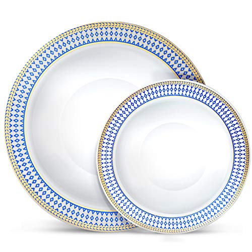 Laura Stein Designer Dinnerware Set | 64 Disposable Plastic Party Bowls | White Wedding Bowl with Blue Rim & Gold Accents | Set Includes 32 x 12 oz Soup Bowls + 32 x 5 oz Dessert Bowls | Midnight Blue