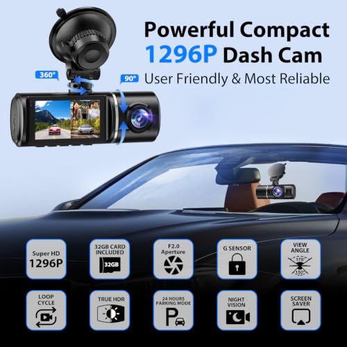 Dash Cam Front and Rear, 1296P Dash Camera for Cars, 3 Channel Car Camera Front Rear and Inside with 32GB Card, Loop Recording, Night Vision, HDR, 24Hr Parking, G-Sensor