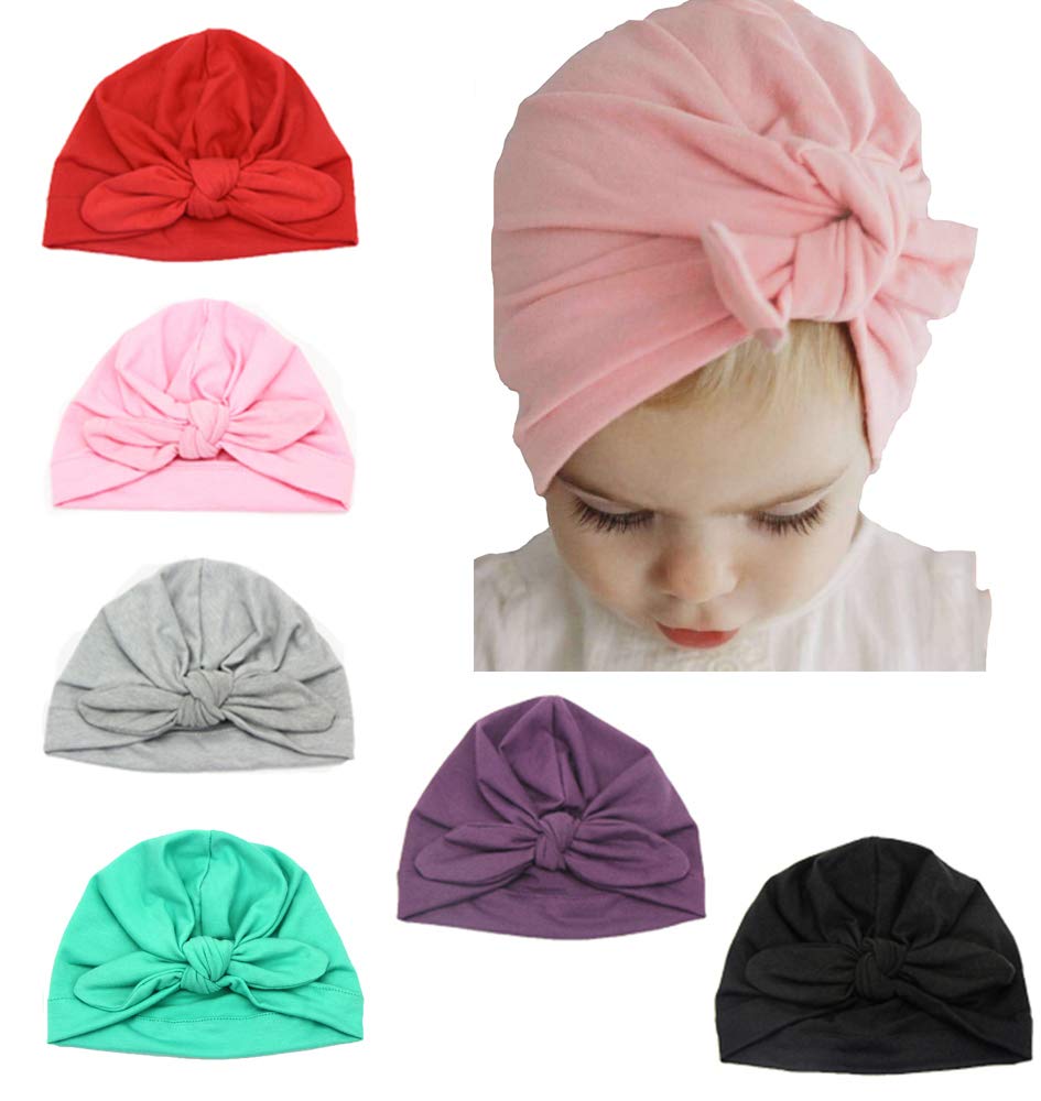 6 Pcs Baby Girl Turban Beanie Hat Knotted Rabbit Ear Headband Head Wrap Soft Cotton Elastic Cap for 0-3 Years Newborn Toddler Kid Boy, Infant Photography Props Costume