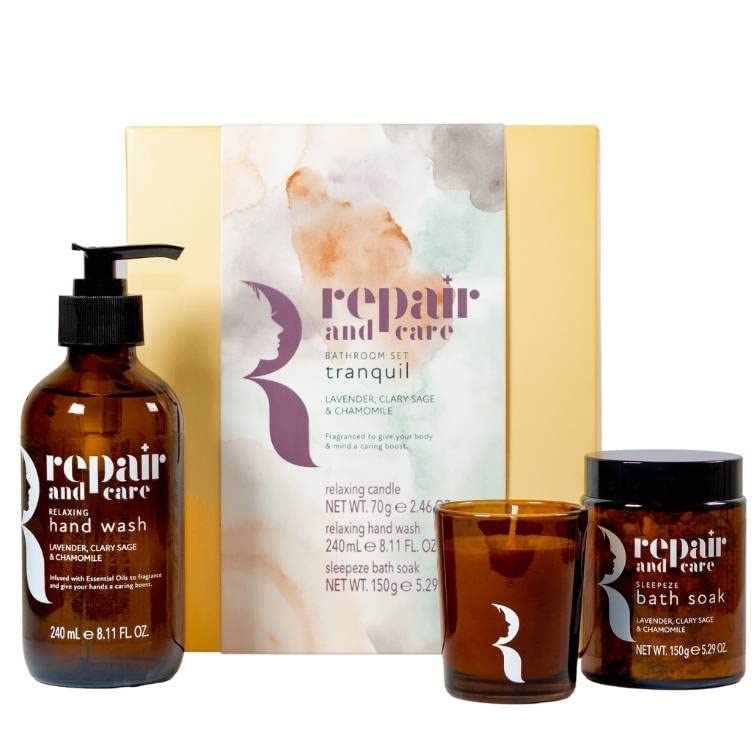 Repair and Care Tranquil Bathroom Set Candle 70g, Bath Soak 150g, Hand Wash 240ml