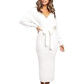 Chang Yun Women's Long Maxi Sweater Dresses Sexy Wrap Batwing V Neck Slit Open Back Holiday Bodycon Dress with Belt