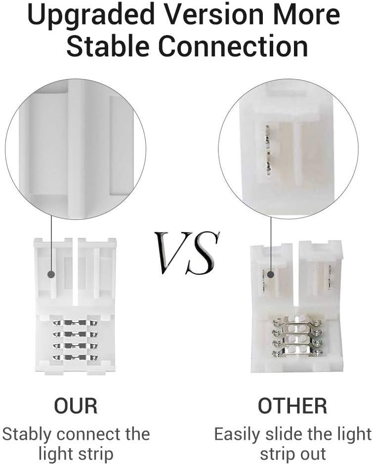 Led Strip Light Connectors Kit, Right Corner Angle Solderless Gapless Adapter, 4 Pin Conductor Light Strip Splice for TV, 10mm Tape Light Connector DIY Accessories for SMD 5050 RGB Multicolor Strip - - 