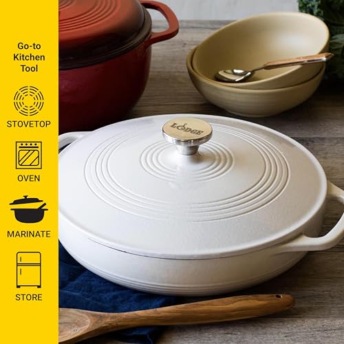 Lodge 3.6 Quart Enameled Cast Iron Oval Casserole With Lid– Dual Handles – Oven Safe up to 500° F or on Stovetop - Use to Marinate, Cook, Bake, Refrigerate and Serve – Oyster White