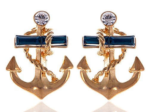 Alilang Golden Tone Blue Crystal Rhinestone Nautical Anchor Stud Earrings