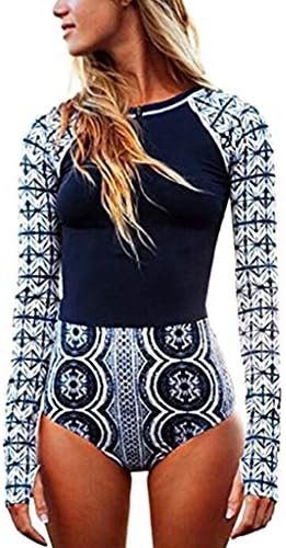 Swimming Costume One Piece Bikini, Xinxinyu Long Sleeve Swimsuit Printed Zip Front Push-Up Swimwear with Chest Pad Bathing Suit