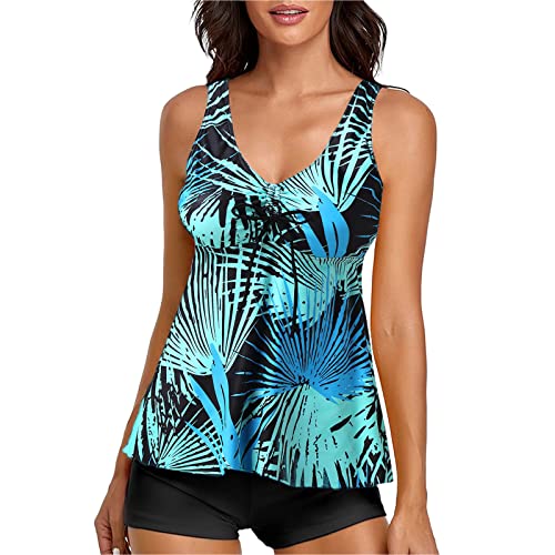 Women Bathing Suit Tropical Print Tankinis Set 2 Piece Beachwear Top with Pantie Summer Swimsuit Casual Swimwear