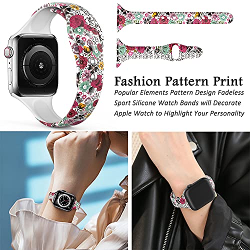 Floral Watch Bands 38mm 40mm Silicone Pattern Printed Sport Compatible with Apple Watch Band Fadeless Thin Replacement Strap for Iwatch Series SE 6/5/4/3/2/1 Pack of 6 Leopard/Peking Opera/Classic Flower/Black/Lotus/Flower/Paw