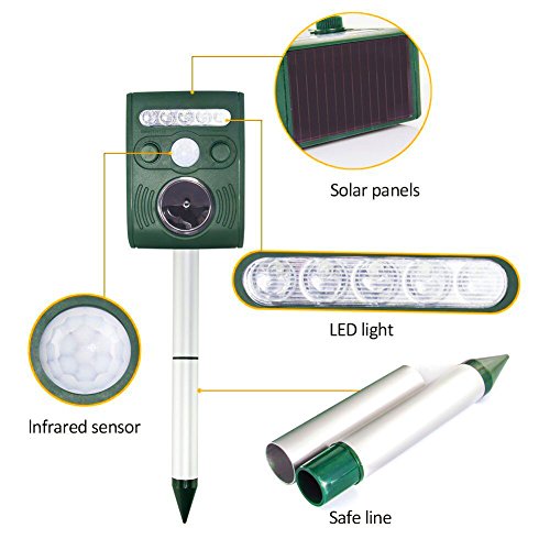 Outdoor Solar Powered Ultrasonic Animal Pet Repellent Cat Dog Mice Bird Rodent Deterrent With LED Flashing Light - 30ft 9m range Rechargeable Batteries USB Back up Charger included with Spike - Thumbnail 7